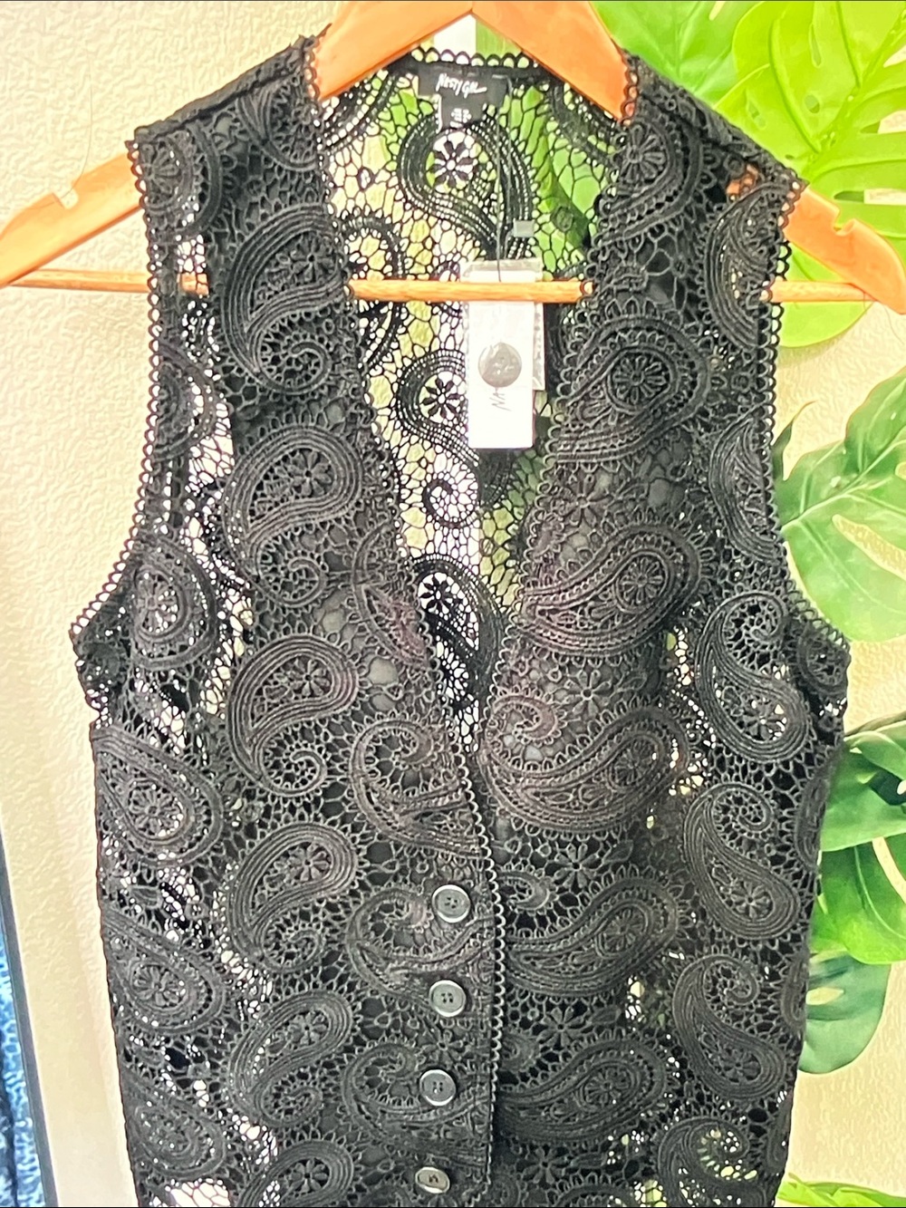 Nasty Gal Black Crochet Paisley Button-Front Vest